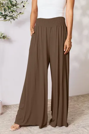Smocked Waistband Wide Leg Pants- 5 Colors (Pink, Army Green Coffee, Black, Charcoal)