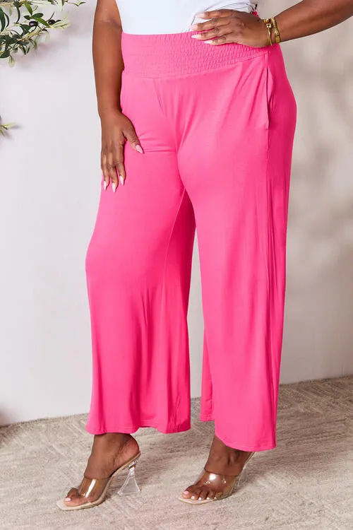 Smocked Waistband Wide Leg Pants- 5 Colors (Pink, Army Green Coffee, Black, Charcoal)