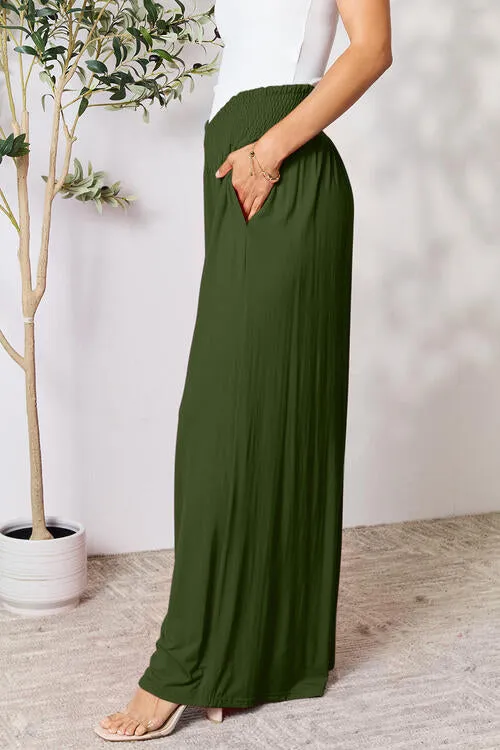 Smocked Waistband Wide Leg Pants- 5 Colors (Pink, Army Green Coffee, Black, Charcoal)