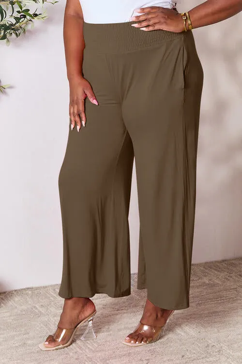 Smocked Waistband Wide Leg Pants- 5 Colors (Pink, Army Green Coffee, Black, Charcoal)