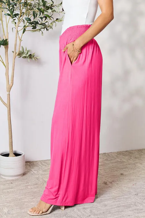 Smocked Waistband Wide Leg Pants- 5 Colors (Pink, Army Green Coffee, Black, Charcoal)