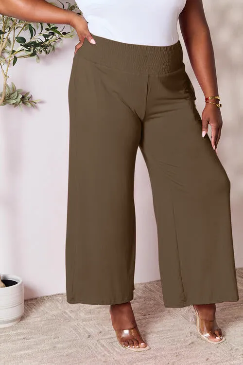 Smocked Waistband Wide Leg Pants- 5 Colors (Pink, Army Green Coffee, Black, Charcoal)