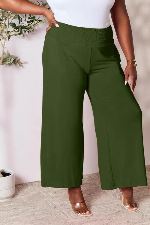 Smocked Waistband Wide Leg Pants- 5 Colors (Pink, Army Green Coffee, Black, Charcoal)