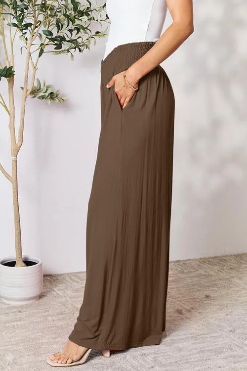 Smocked Waistband Wide Leg Pants- 5 Colors (Pink, Army Green Coffee, Black, Charcoal)