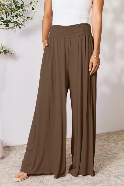 Smocked Waistband Wide Leg Pants- 5 Colors (Pink, Army Green Coffee, Black, Charcoal)