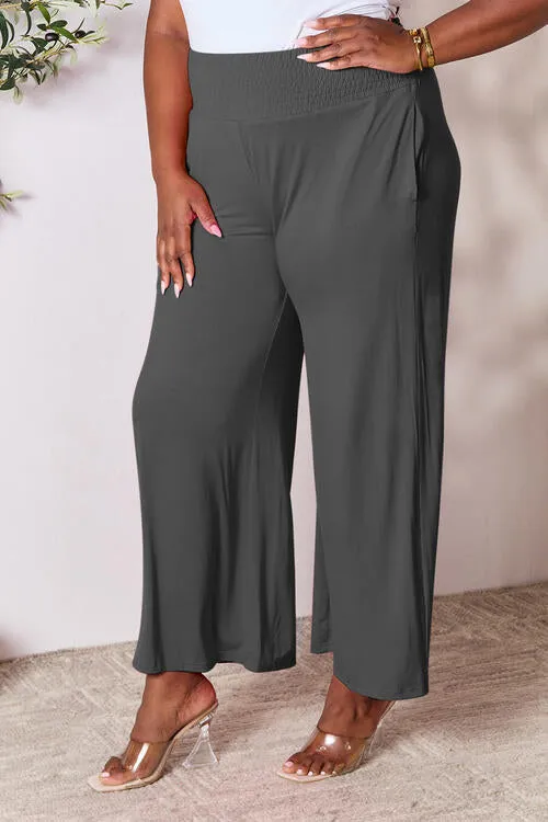 Smocked Waistband Wide Leg Pants- 5 Colors (Pink, Army Green Coffee, Black, Charcoal)
