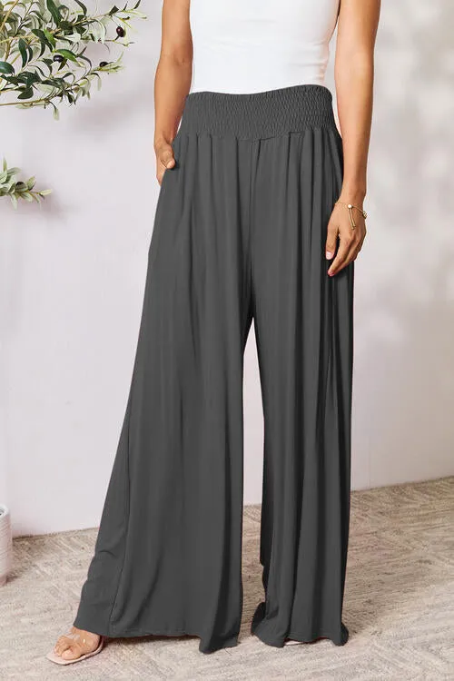 Smocked Waistband Wide Leg Pants- 5 Colors (Pink, Army Green Coffee, Black, Charcoal)
