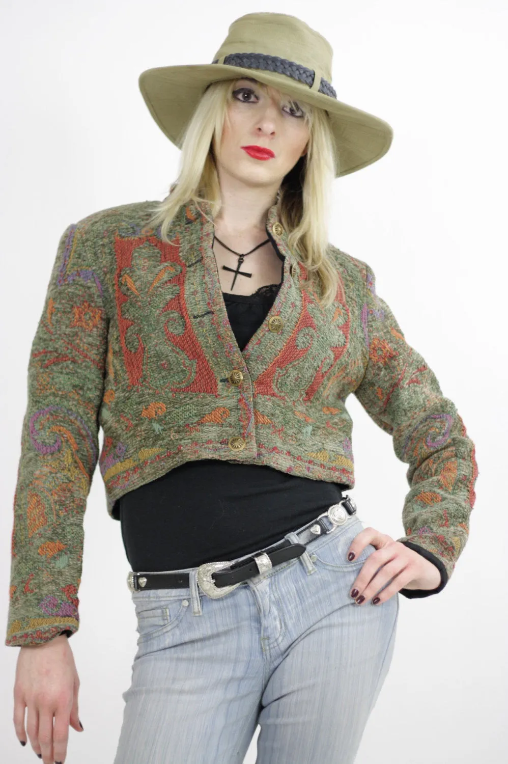 Southwestern jacket cropped festival coat tribal woven button up jacket S
