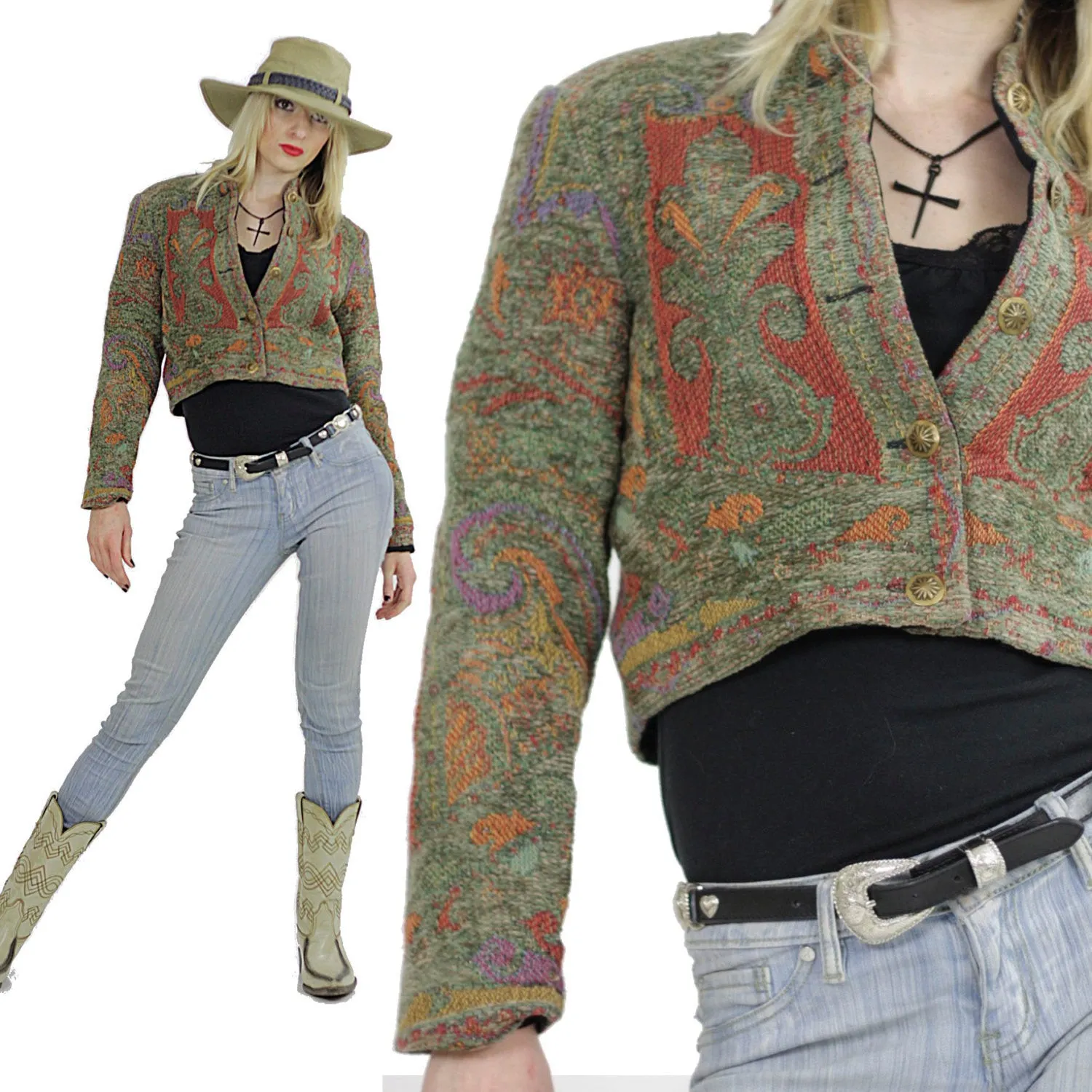 Southwestern jacket cropped festival coat tribal woven button up jacket S