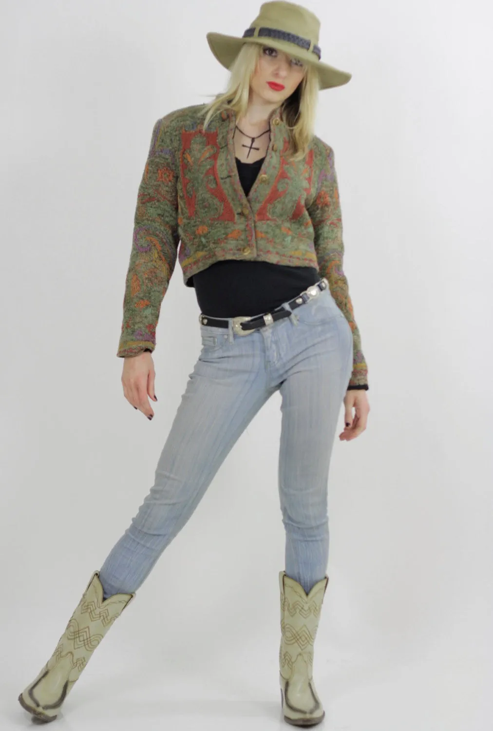 Southwestern jacket cropped festival coat tribal woven button up jacket S