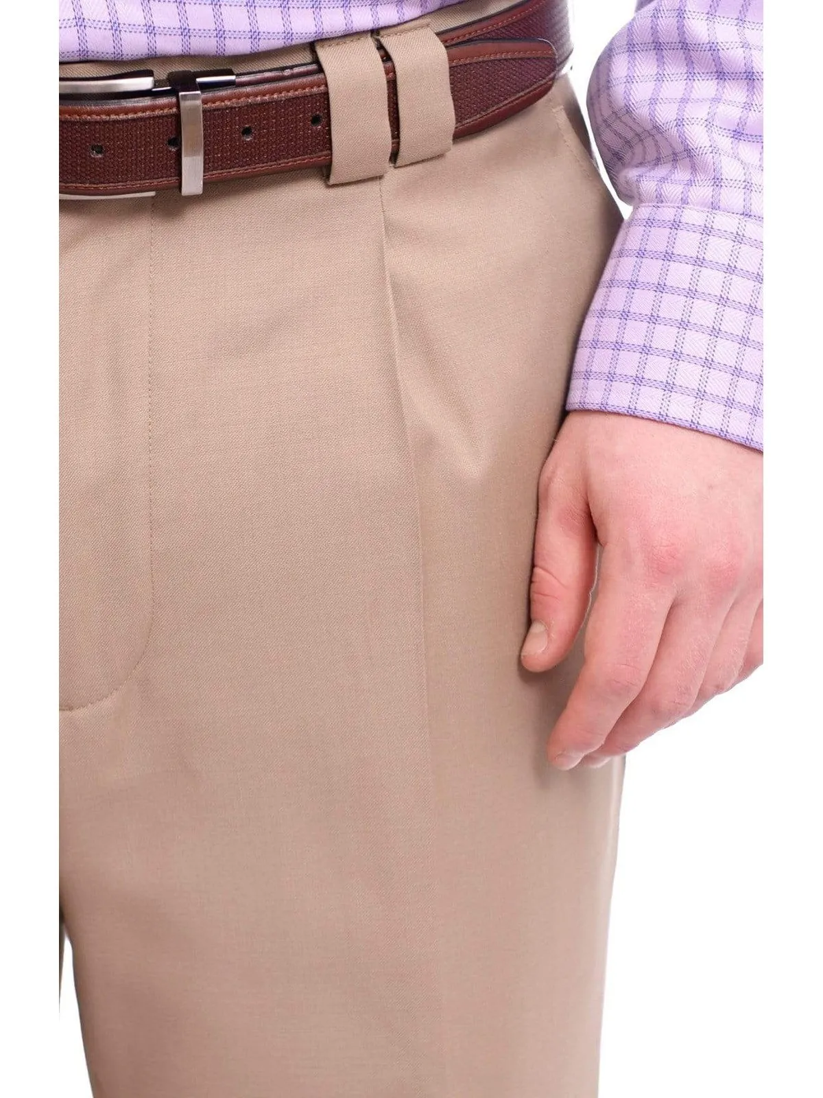 Steven Land Classic Fit Solid Tan Single Pleated Wide Leg Wool Dress Pants