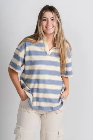 Striped short sleeve polo top cream/light blue