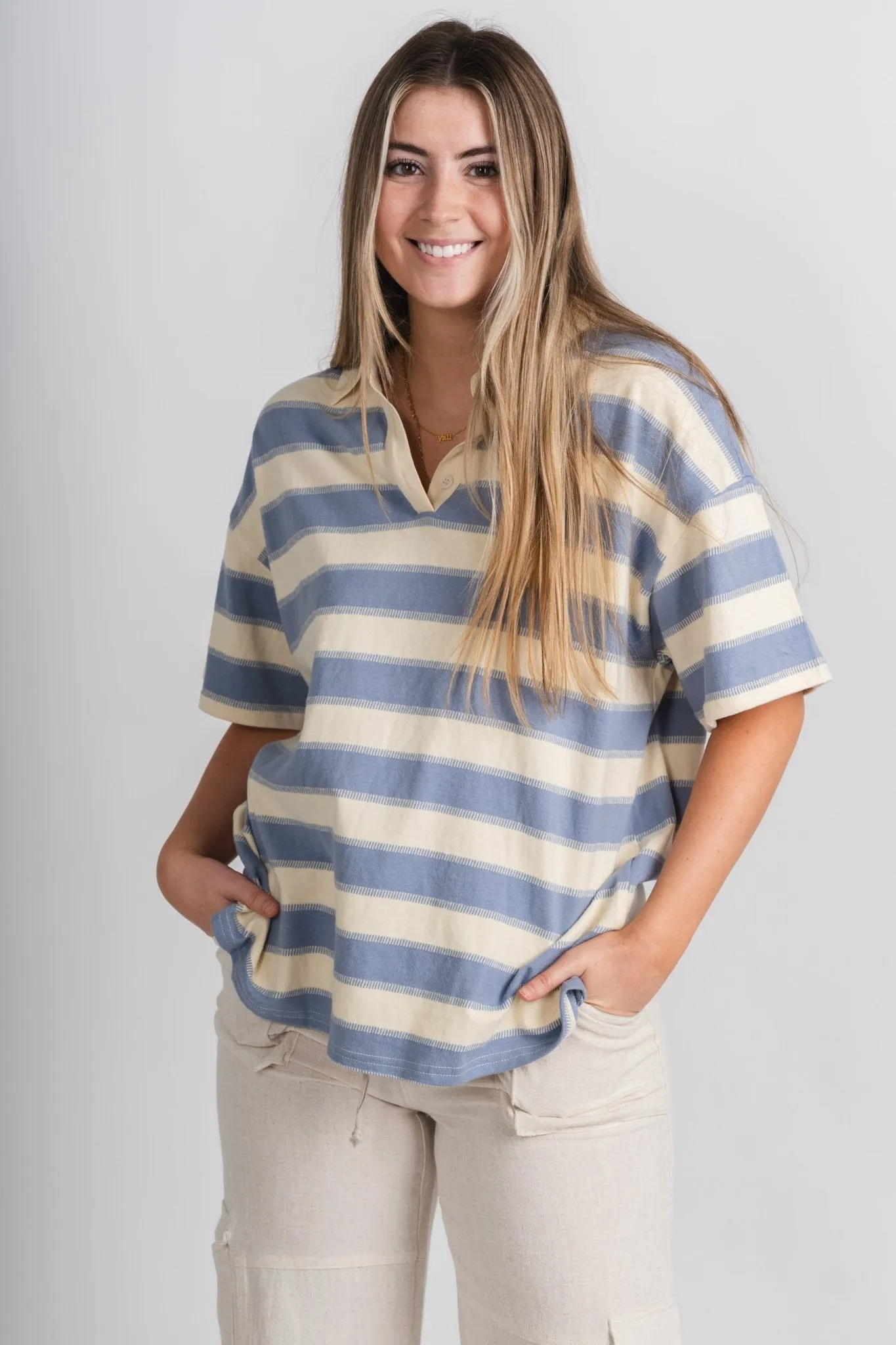 Striped short sleeve polo top cream/light blue
