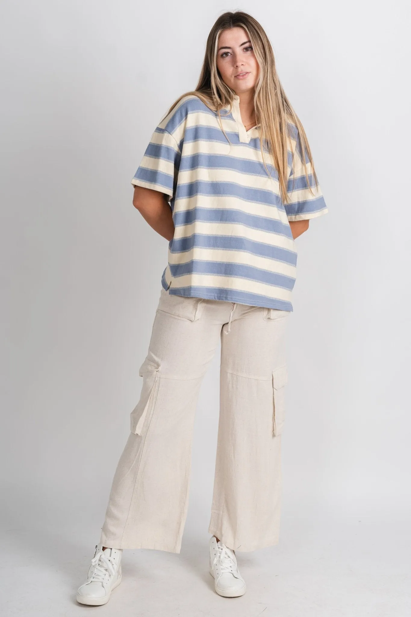 Striped short sleeve polo top cream/light blue