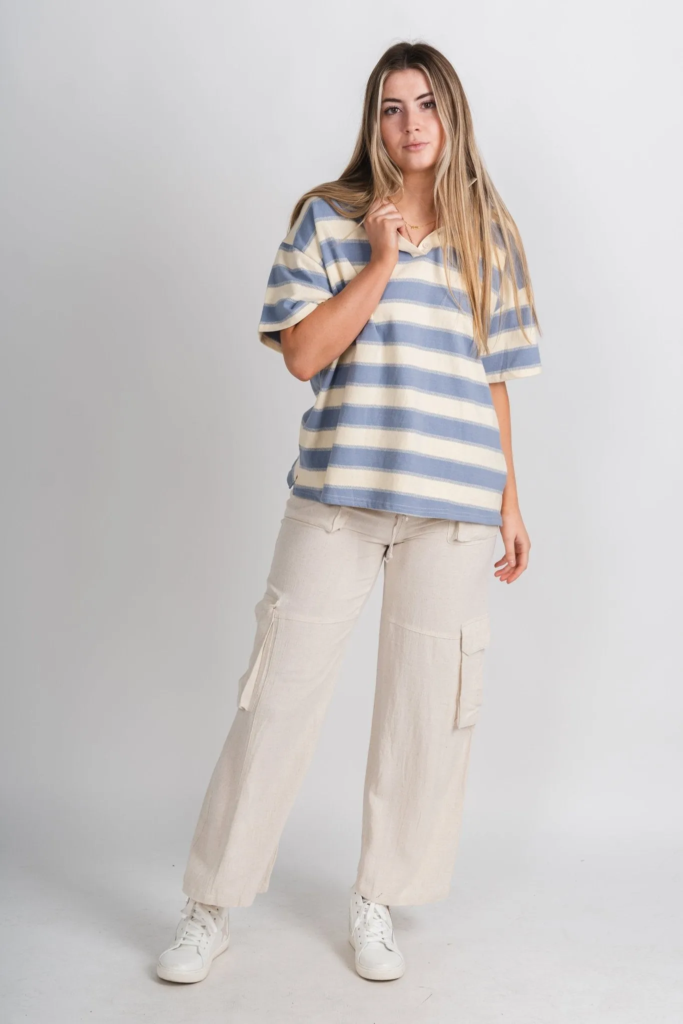 Striped short sleeve polo top cream/light blue