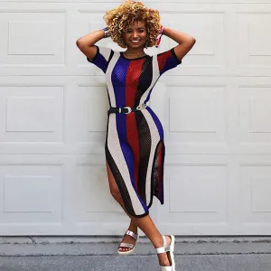 Summer Women Colorful Striped Mesh Sheer Club High Slit Dress #Short Sleeve #Striped #Mesh Sheer
