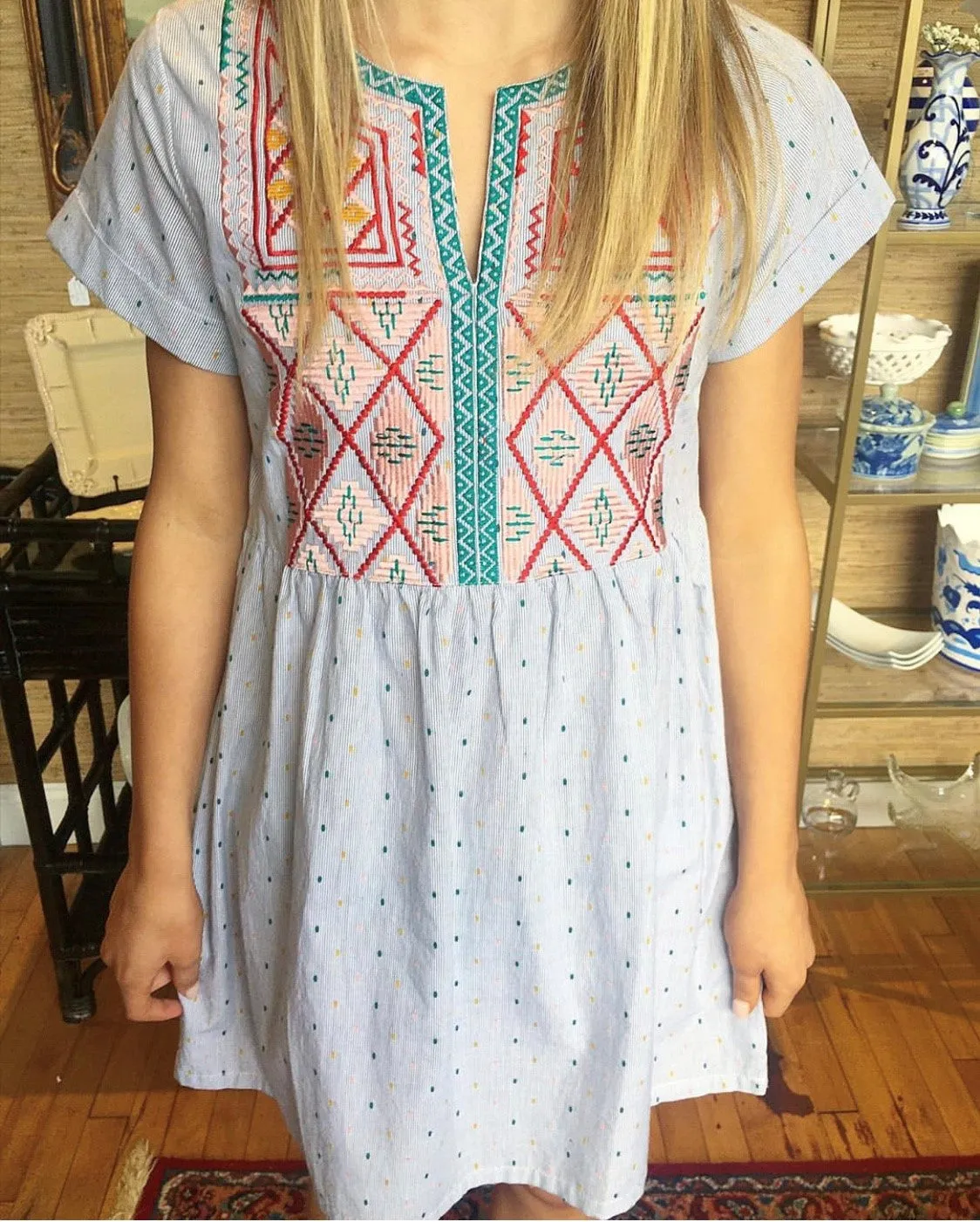 The Lizzie Embroidered Short Sleeve Pin Stripe Dress