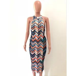 Wavy Strippes Printed Colorful Backless Party Dress #Backless #Halter #Strippes