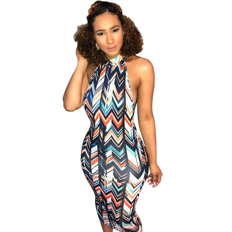 Wavy Strippes Printed Colorful Backless Party Dress #Backless #Halter #Strippes