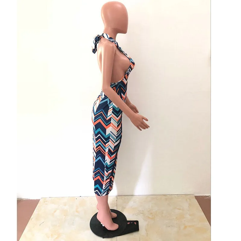 Wavy Strippes Printed Colorful Backless Party Dress #Backless #Halter #Strippes