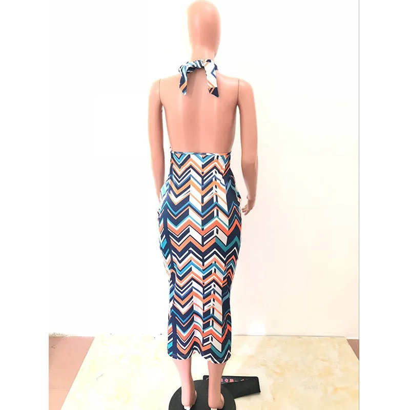 Wavy Strippes Printed Colorful Backless Party Dress #Backless #Halter #Strippes