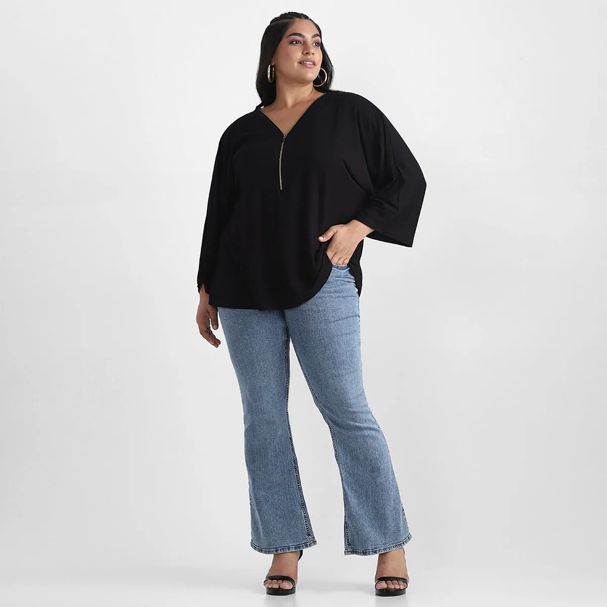 Zipper Detail Black V Neck Plus Size Viscose Top
