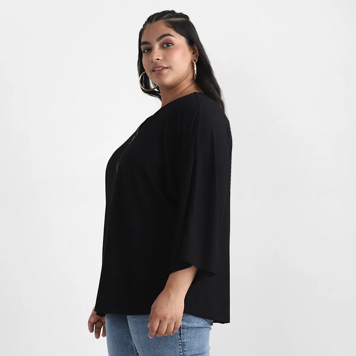 Zipper Detail Black V Neck Plus Size Viscose Top